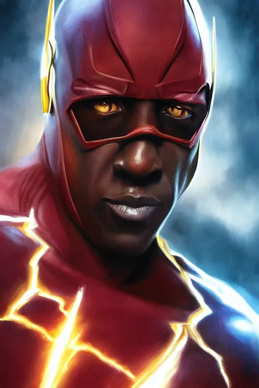 Image similar to Portrait of Wesley Snipes as Flash, DC, justice league, cinematic lighting, intricate, elegant, highly detailed, digital painting, artstation, painted by Artgerm and Mark Waid and Greg Rutkowski and Mandy Jurgens and Snyder