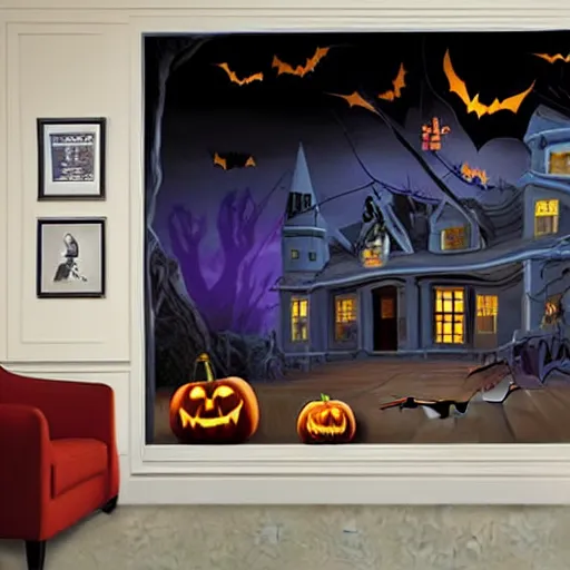 Prompt: Halloween TV show room with big screen on the wall by Disney Concept Artists, blunt borders, rule of thirds