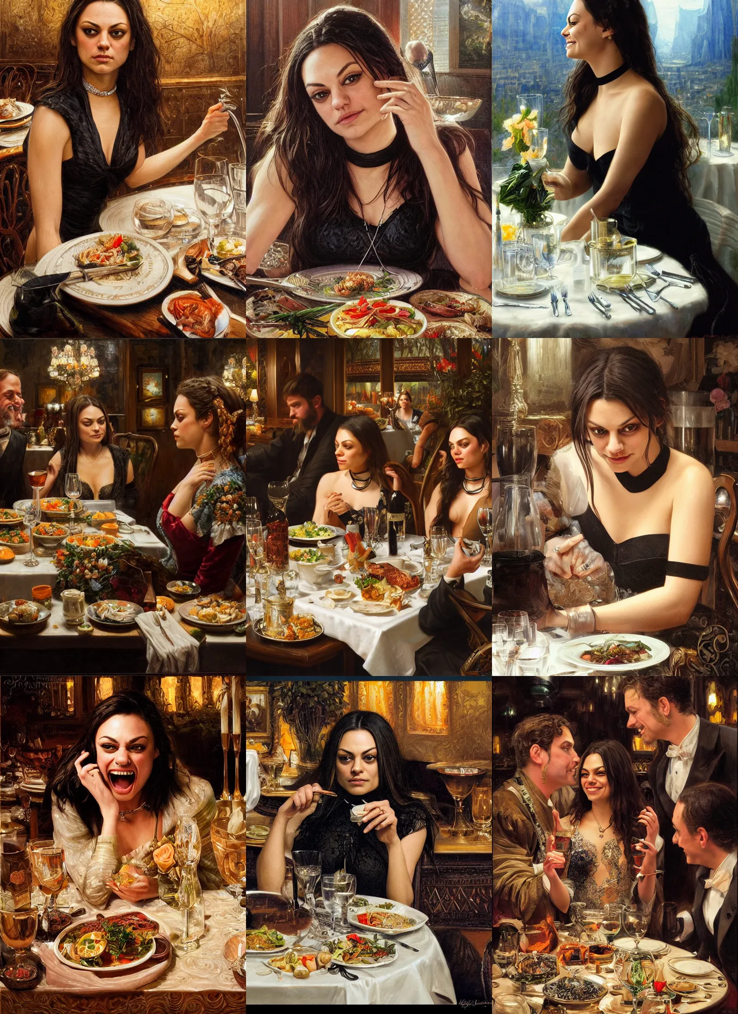 Image similar to dinner with mila kunis laughing sitting across the camera wearing a black choker staring into the camera in an expensive restaurant, point of view, intricate, elegant, tasteful, highly detailed, shallow depth of field, artgerm, donato giancola, joseph christian leyendecker