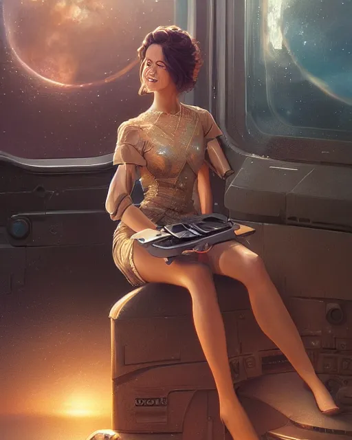 Prompt: woman sitting on a spaceship window, beautiful detailed dress, highly detailed face, beautiful face, smiling, by artgerm, by wlop, by greg rutkowski, octane render, digital art