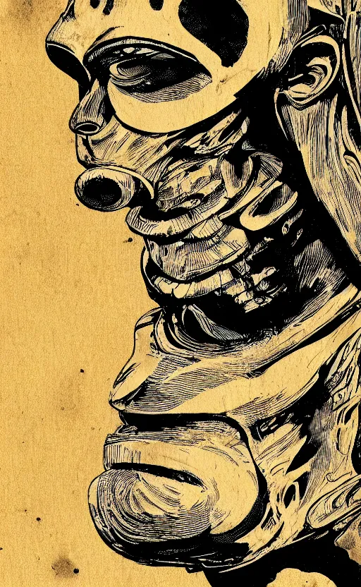 Image similar to golden robed ancient god with a giant bird skullhead, comic book texture, 4 k asymmetrical portrait, frank miller, jamie hewlet, ashley wood, tom lovell, mike mignola, trending on artstation, norman saunders, will eisner, 4 k