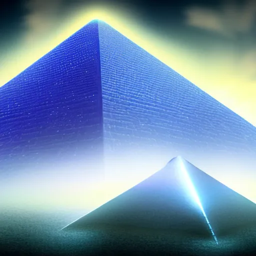 Image similar to big pyramid with blue glow lights and fog in background, huge spaceship in sky, cinematic looking, drama, scary