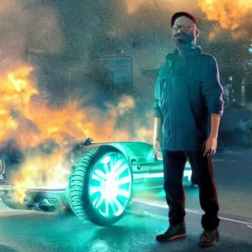Prompt: Wide angle photo of walter white on a hoverboard with an exploding car behind him, color, cinematic lighting