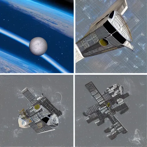 Prompt: top view, side view and front view of a science fiction space station, concept art, digital art, first angle projection