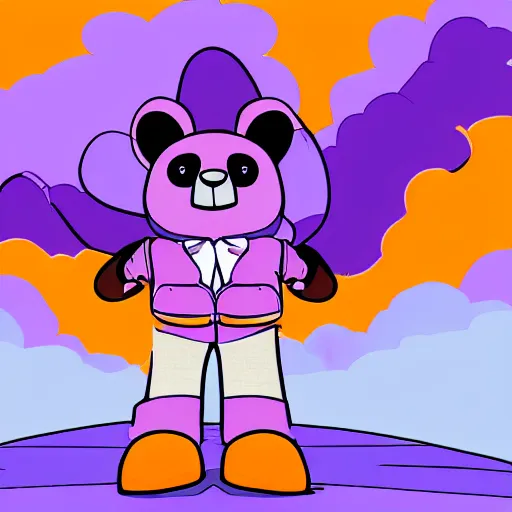 Image similar to cartoon bear wearing clothes being launched out of a futuristic machine into a purple and orange cloud land