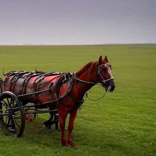 Prompt: a horse drawn chariot rots in a field in flanders, the medals of dead soldiers glisten in the red mud