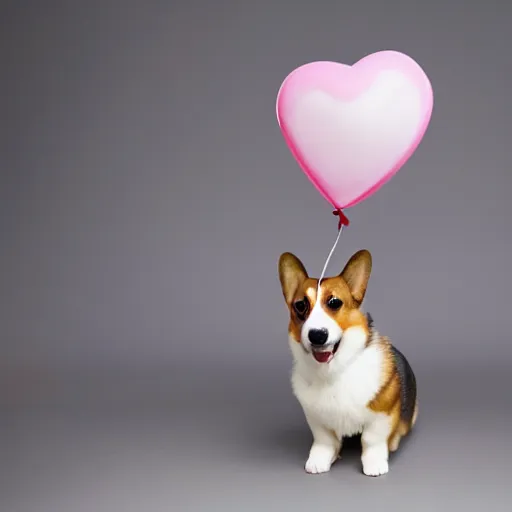 Image similar to a corgi with a heart shaped balloon, very detailed, photo by annie leibovitz, Sigma 85mm, f/1.4