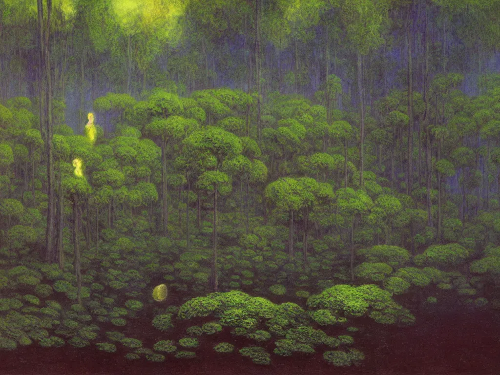 Image similar to ! dream glowing forest of mounds in the auroral psychedelia. dark, looming shadows over the mask. painting by monet, arnold bocklin, wayne barlowe, agnes pelton, rene magritte
