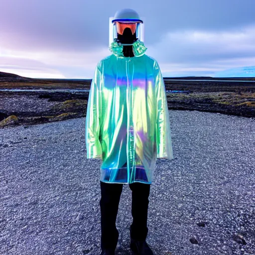 Prompt: an ultra high definition professional studio quality photograph of an artificially intelligent cyberpunk art influencer wearing a transparent iridescent pastel coloured face visor and matching ribbed raincoat on white coat hook in a sheer icelandic black rock environment. dramatic lighting. volumetric shadows. light rays