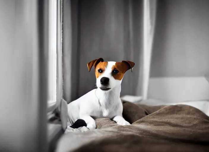 Image similar to photography of a Jack Russel . watching outside the window. on a bed. in a vintage room full of vinyls and posters.,volumetric light, photorealistic,, award winning photo, 100mm, sharp, high res