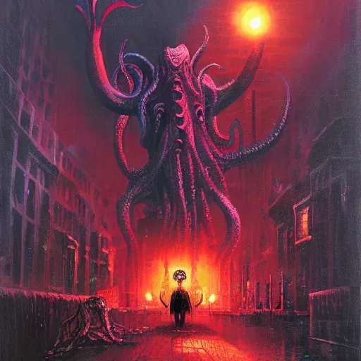 Image similar to Cthulhu with a human body walks through the streets of London and spreads insanity. Creator is Paul Lehr