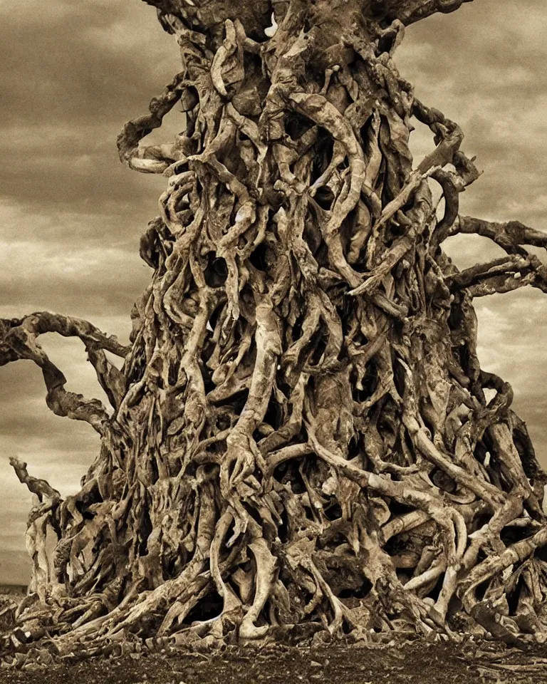 Image similar to A wretched mythical tree made of human flesh, limbs and bones.