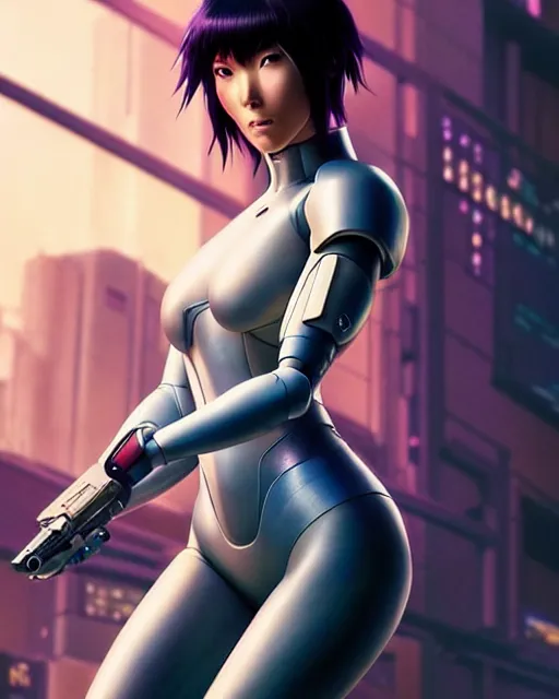 Image similar to weta disney pixar movie still portrait photo of motoko kusanagi ghost in the shell : : as cyborg woman by pixar : : by weta, wlop, ilya kuvshinov, rossdraws, artgerm, marvel, maxim cover, latex, octane render, sweaty, iridescent, bright morning, anime, liosh, mucha : :