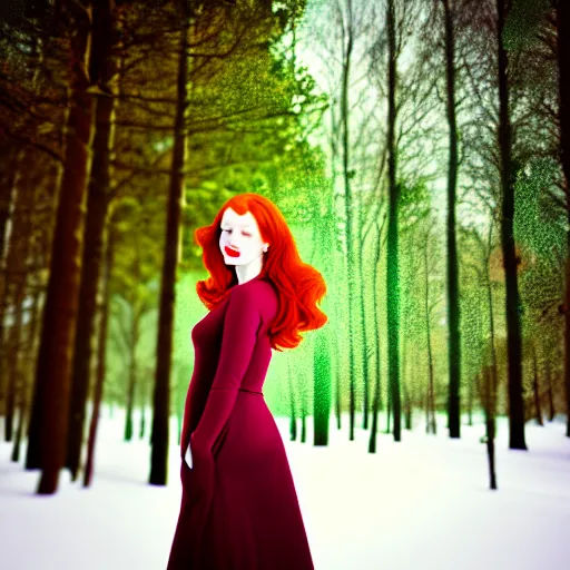 Image similar to redhead women in a green dress, with pockets, photorealistic, saturated colors, winter scenario