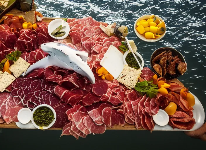 Image similar to underwater photo still of a great white shark eating a charcuterie platter, 8 k