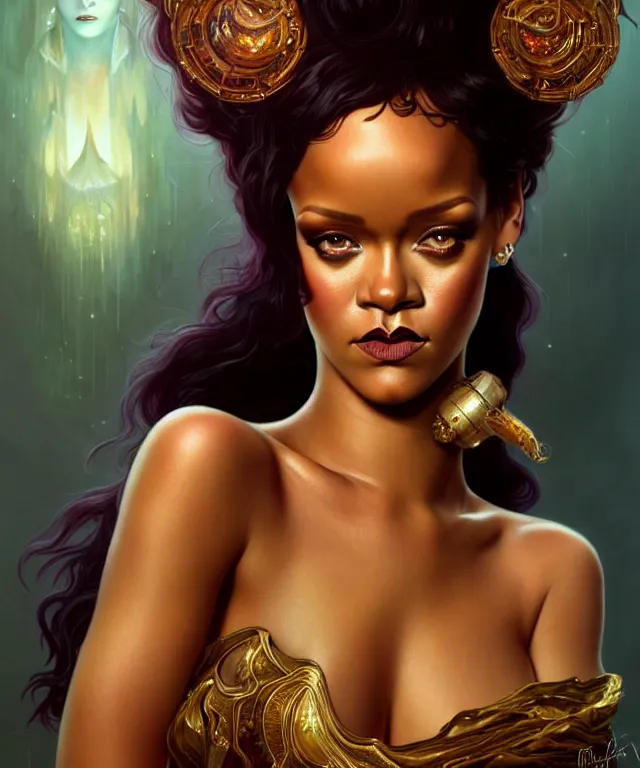 Image similar to Rihanna as a fantasy magic woman portrait, sci-fi, amber eyes, face, long hair, fantasy, intricate, elegant, highly detailed, digital painting, artstation, concept art, smooth, sharp focus, illustration, art by artgerm and greg rutkowski and alphonse mucha