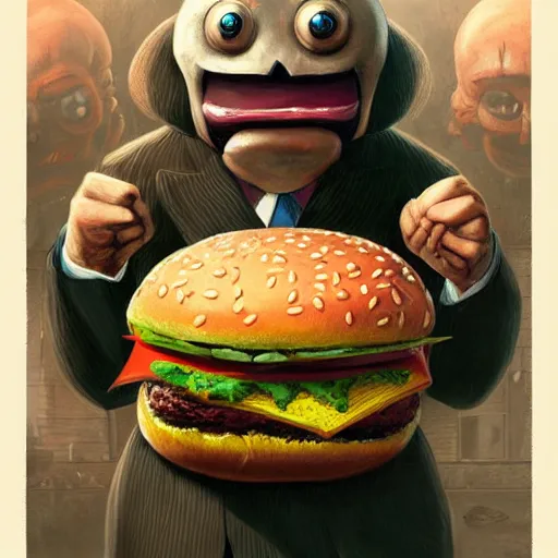 Prompt: a monster with a hamburger head on a suit, hamburger monster, burger face, burger with human eyes, burger with a mouth, very detailed eyes, character concept art, fantasy, intricate, fantasy drawing, illustration, highly detailed, hyperrealistic, cgsociety, artstation, oil painting by greg rutkowski