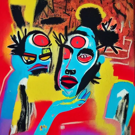 Image similar to acrylic painting of two bizarre psychedelic women kissing in japan in summer, speculative evolution, mixed media collage by basquiat and jackson pollock, maximalist magazine collage art, sapphic art, psychedelic illustration
