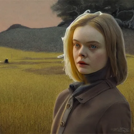 Prompt: Elle Fanning in the painted world of The Matrix, head and shoulders masterpiece, apocalypse, golden hour, cosmic horror, artstation, in the style of Andrew Wyeth and Edward Hopper and Bosch, extremely detailed