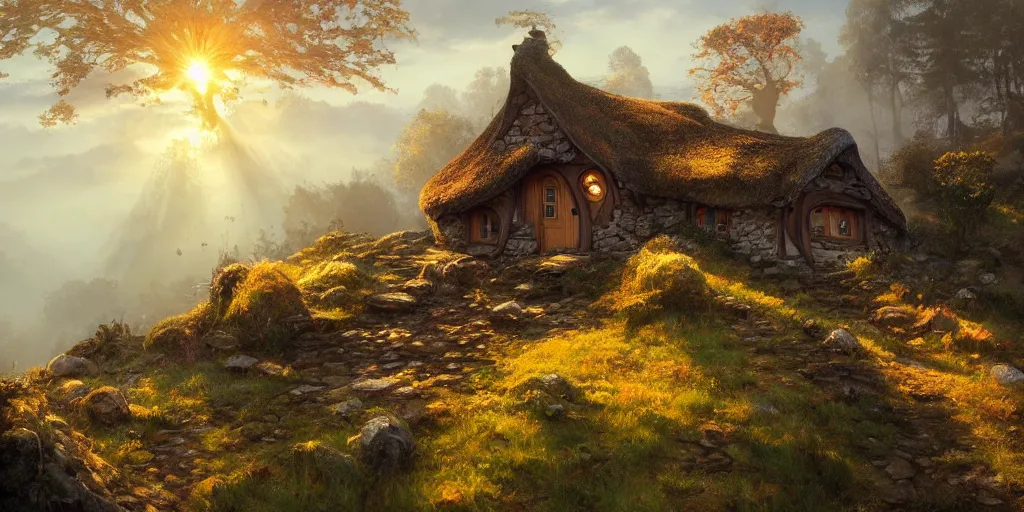 Image similar to a hobbit cottage on top of a steep hill, greg rutkowski, zabrocki, moebius, karlkka, jayison devadas, highly detailed, autumn sunlights, smoky atmosphere, ( ray of sunlight ), trending on artstation, 8 k, ultra wide angle, zenith view, pincushion lens effect