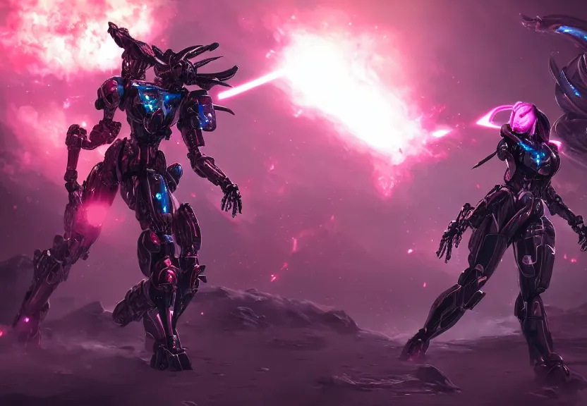 Image similar to epic cinematic shot of stunning beautiful hot anthropomorphic mecha female dragon fighting in the nuclear war with laser rifle, has silver armor and fuchsia skin, skeletons riddling the ground, bleak, warframe fanart, terminator art, epic scale, furaffinity, deviantart, octane