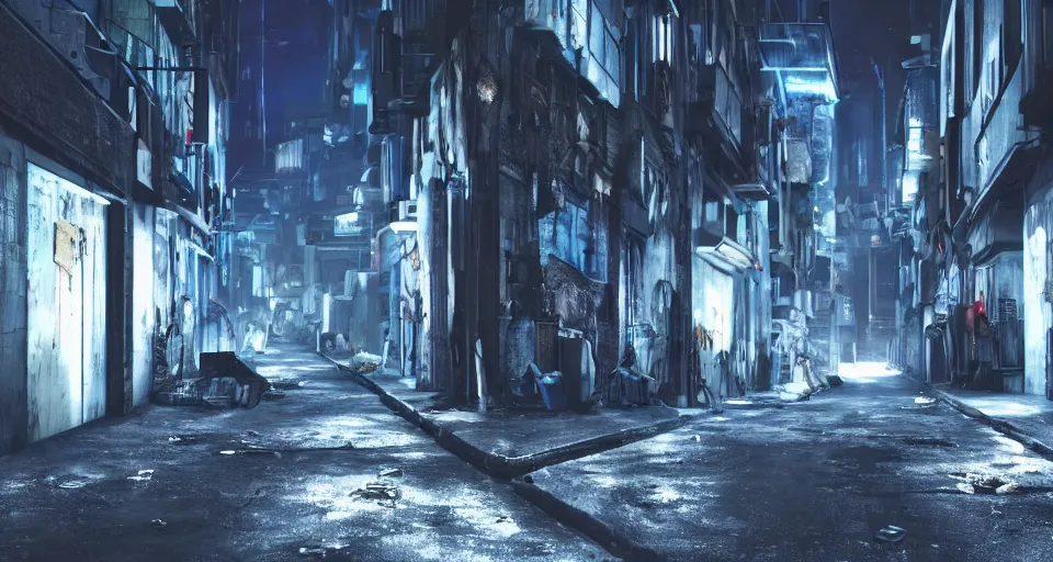 Prompt: a cinematic still frame of a dead end alleyway in a futuristic dystopian city, night time, littered with garbage, cold blue lighting, brutalist architecture, damp, cityscape, vanishing point perspective