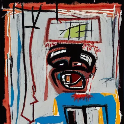 Prompt: Happy Morning. Sunlight is pouring through the window lighting the face of a sleepy young man drinking a cup of coffee. A new day has dawned bringing with it new hopes and aspirations. Detailed and intricate painting by Basquiat, 1983