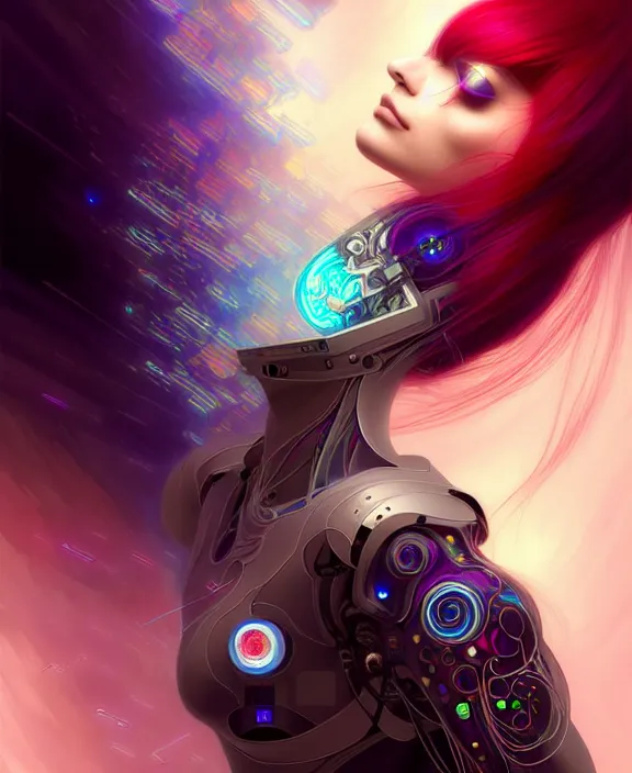 Image similar to a whirlwind of souls rushing inside the metaverse, hologram, half body, neurochip, shaved temple, piercing, jewelry, android, cyborg, cyberpunk face, by loish, d & d, fantasy, intricate, elegant, highly detailed, colorful, digital painting, artstation, concept art, art by artgerm and greg rutkowski and alphonse mucha