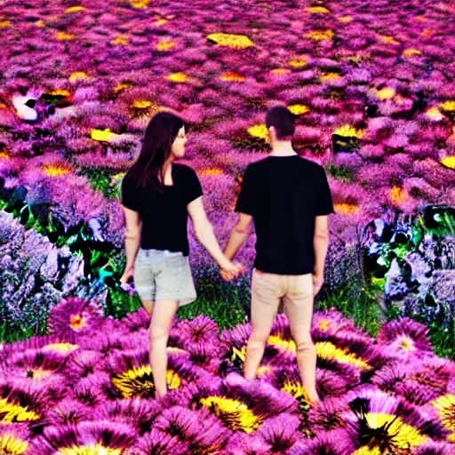 Image similar to a couple holding hands in a field of flowers, symmetrical face, beautiful, vfx, photo realistic, 8 k, aesthetic