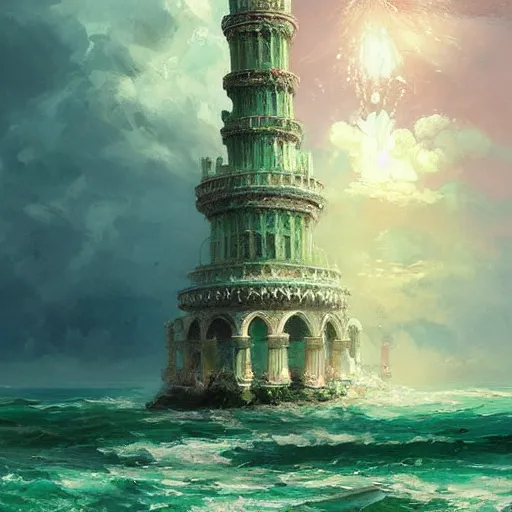 Image similar to a delicate ornate white fantasy tower with pink and green decoration splashes upwards from a turbulent ocean, dramatic lighting, rich colors, beautiful oil painting, artstation