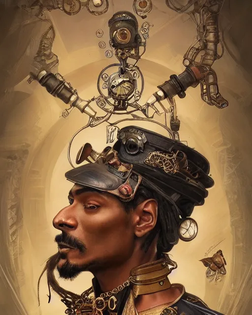 Image similar to steampunk snoop dog, masterpiece, intricate, elegant, highly detailed, digital painting, artstation, concept art, smooth, sharp focus, illustration, art by artgerm and greg rutkowski and alphonse mucha and uang guangjian and gil elvgren and sachin teng, symmetry!!