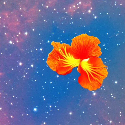 Image similar to a small hibiscus flower with detailed orange pedals, floating in space, wide perspective, hubble photo, olympus xa camera, 3 5 mm film, beautiful, galaxies