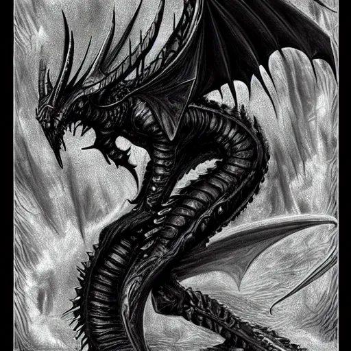 Image similar to black dragon, d & d, fantasy, hr giger,