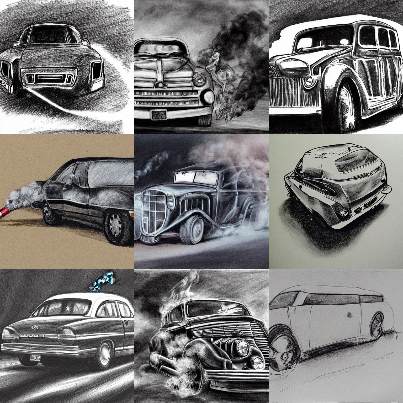 Prompt: Old diesel car smoking from exhaust, drawing, detailed