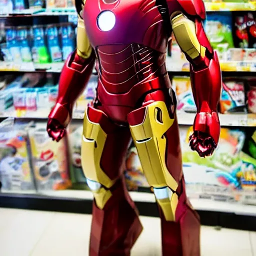 Prompt: Iron Man working as a 7/11 cashier, macro, wide wide shot, very detailed, beautiful lighting