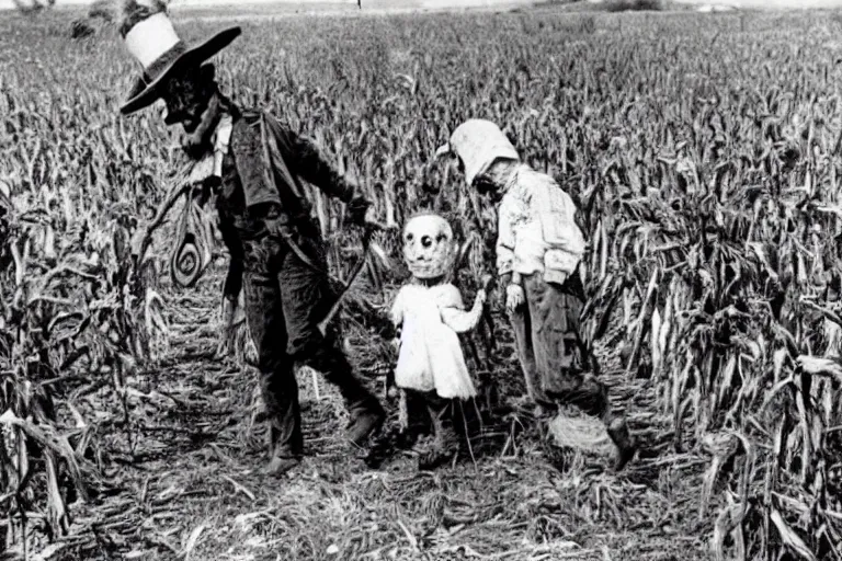 Image similar to disturbing scarecrow from the early 1 9 0 0's leading children into the cornfields