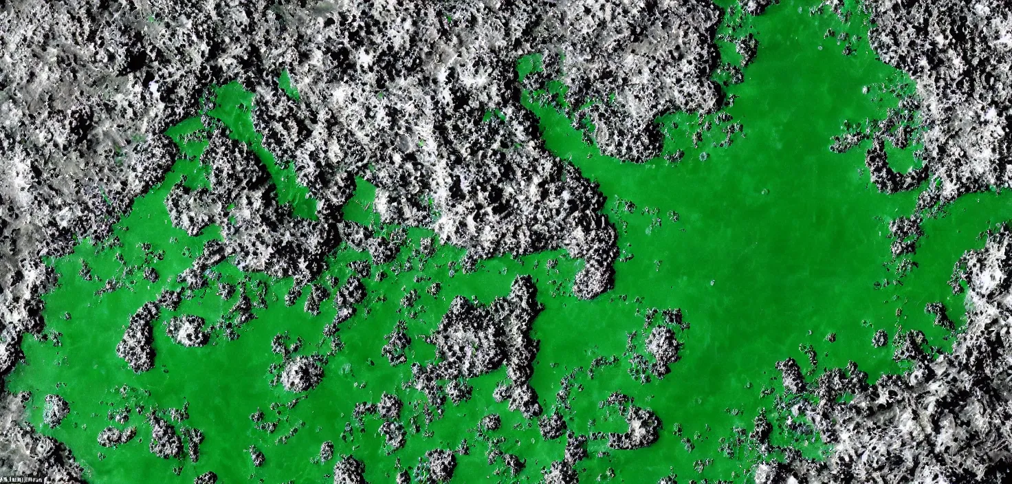 Image similar to satellite image of apocalyptic desert planet, oceans covered in mysterious black gooey liquid slime, rare green