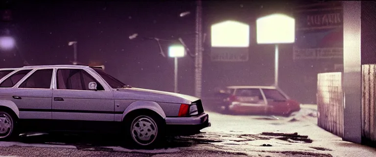 Image similar to Aqua Metallic Audi 80 RS 2 Avant (1995), black car, a gritty neo-noir, dramatic lighting, cinematic, establishing shot, extremely high detail, photorealistic, cinematic lighting, artstation, by simon stalenhag, Max Payne (PC) (2001) winter new york at night, flashing lights, Poets of the Fall - Late Goodbye