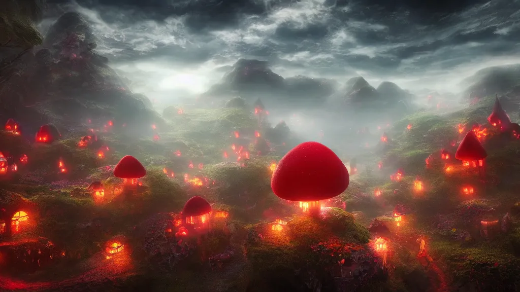 Prompt: fantasy red toadstool cottages world suspended in the air, foggy atmosphere, volumetric lighting, fantasy artwork, very beautiful scenery, hd, hdr, unreal engine 5, cinematic 4k wallpaper, 8k, ultra detailed, high resolution, artstation