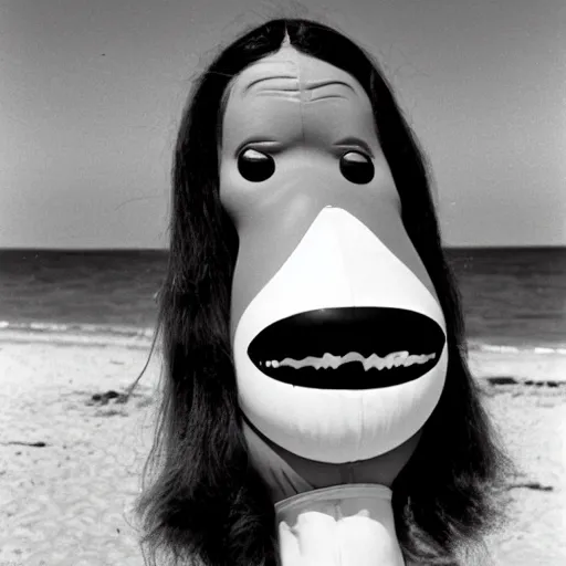 Prompt: 1979 twin women on tv show wearing an inflatable mask long prosthetic snout nose with googly eyes, soft color wearing a swimsuit at the beach 1979 color film 16mm holding a hand puppet Fellini John Waters Russ Meyer Doris Wishman old photo