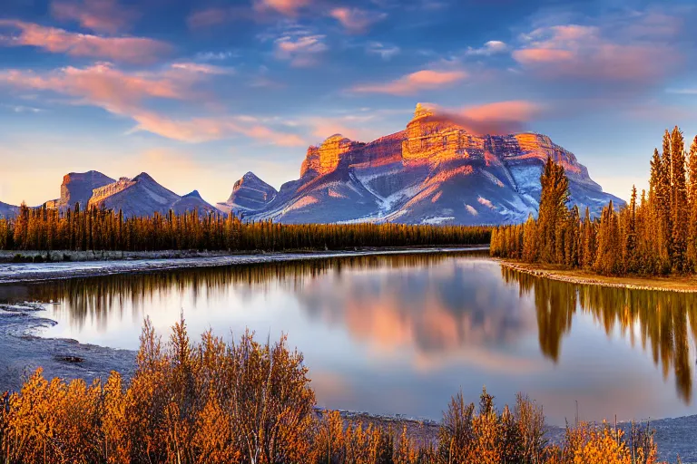 Prompt: an epic landscape painting of rundle mountain in alberta, with snow on its peak, at sunrise in springtime, with bow river in the foreground, painted by x, atmospheric, volumetric lighting, rolling fog, breathtaking, highly detailed