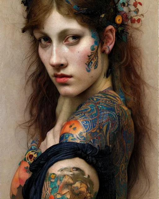 Prompt: close up of a beautiful girl with intricate colourful tattoos, by edgar maxence and caravaggio and michael whelan and delacroix style, artistic, intricate drawing, light brazen, realistic fantasy, extremely detailed and beautiful aesthetic face, 8 k resolution, dramatic lighting