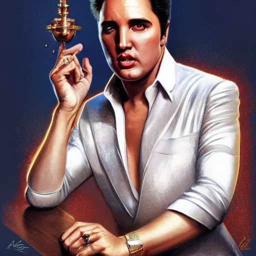 Image similar to ultra realistic illustration, wide angle shot, elvis as elon musk, intricate, elegant, highly detailed, digital painting, artstation, concept art, smooth, sharp focus, by artgerm and greg rutkowski and alphonse mucha