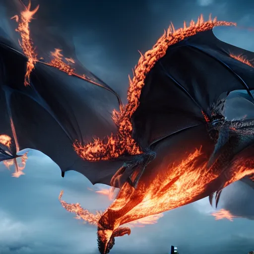 Prompt: a black dragon with red eyes, and flaming fire out his mouth, flying through the sky, above new york city. Unreal Engine, Cinematic, 8K hyperrealistic, live-action.