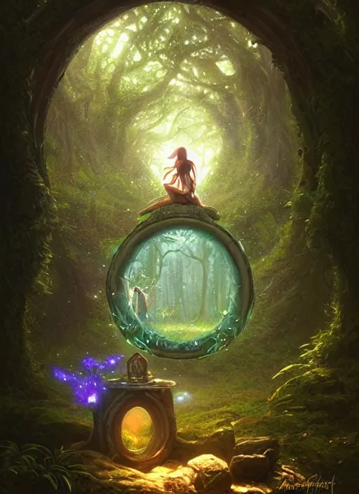 Image similar to Fantasy Magical fairy-tale portal in the forest. Round stone portal teleport in trees to other worlds. Fantastic landscape. Magic Altar in the fores, highly detailed, digital painting, artstation, concept art, smooth, sharp focus, illustration, art by artgerm and greg rutkowski and alphonse mucha