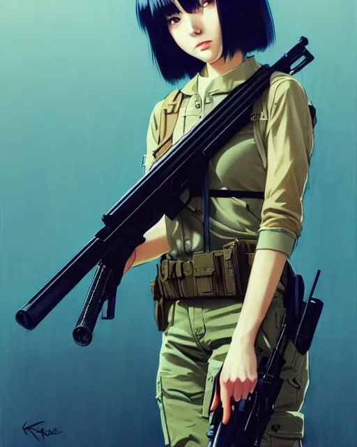 Image similar to girl holding a rifle | | very very anime!!!, fine - face, audrey plaza, realistic shaded perfect face, fine details. anime. realistic shaded lighting poster by ilya kuvshinov katsuhiro otomo ghost - in - the - shell, magali villeneuve, artgerm, jeremy lipkin and michael garmash and rob rey