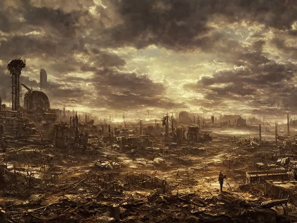 Prompt: a post apocalyptic a large city landscape after a nuclear war, overcast sky, beautiful painting, fallout 4 concept art, painted by albert bierstadt