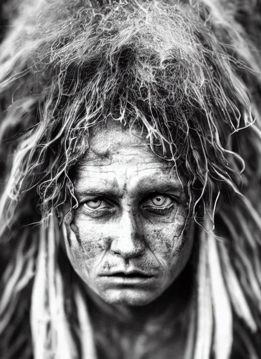 Image similar to Award winning Editorial photo of a Native Liechtensteiners with incredible hair and beautiful hyper-detailed eyes wearing traditional garb by Lee Jeffries, 85mm ND 5, perfect lighting, gelatin silver process