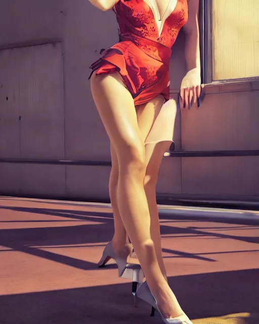 Prompt: Beautiful full body portrait of margot robbie by wlop, rossdraws, Gil Elvgren, Alberto Vargas, mingchen shen, arney freytag, artstation, fantasy photoshoot, Suze Randall, mingchen shen, bangkuart, sakimichan, yan gisuka, jeongseok lee, vibrant color, grand theft auto, urban jungle, fashion pose, octane, 4k