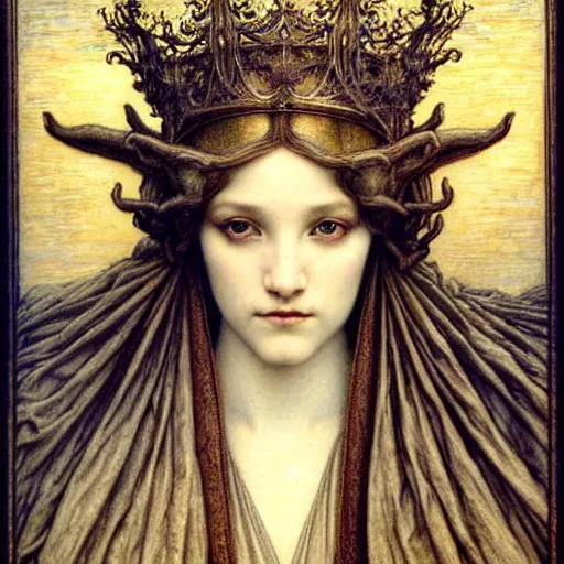 Image similar to detailed realistic beautiful young medieval queen face portrait by jean delville, gustave dore and marco mazzoni, art nouveau, symbolist, visionary, gothic, pre - raphaelite. horizontal symmetry